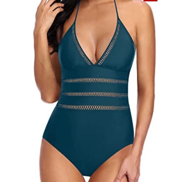 Tempt Me Womens Teal Blue Deep V Halter One-Piece Swimsuit Lace Cutout Detail M - Picture 1 of 9